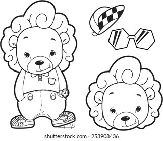 Lion boy cute with hat and glasses black and white outlined vector.