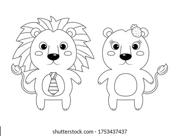 lion boy and lion girl vector illustration cartoon isolated on white background. Cute lions vector cartoon colorless for coloring page.