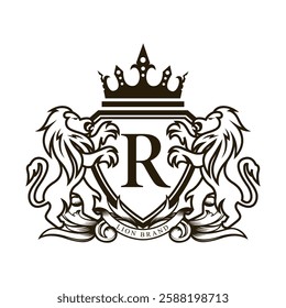 Lion brand logo featuring two lions holding a shield with the letter R and a crown