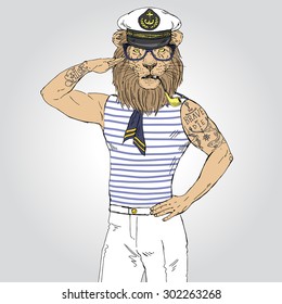 lion brave sailor with tattoo, nautical poster, furry art, hand drawngraphic