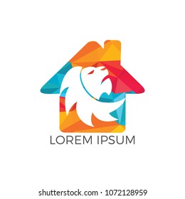 Lion and building logo vector. Wild lion head graphic illustration. 