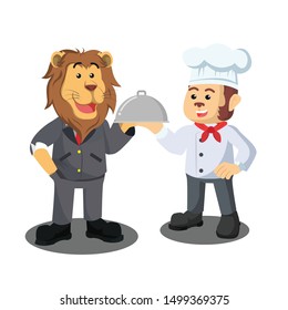 lion businessman receive food from chef monkey