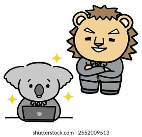 A lion businessman smilingly watching his subordinates grow.