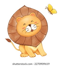 Lion and butterfly . Watercolor paint design . Cute animal cartoon character . Sit position . Vector .