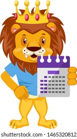 Leão com calendário, ilustração, vetor sobre fundo branco.