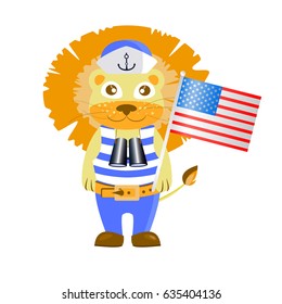 Lion captain sailor man holding an American flag. Child's illustration. Illustration for your design. Fourth of July. Day of independence. USA
