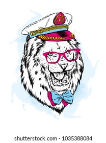 Lion in the captain's cap. Vector illustration.