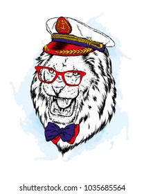 Lion in the captain's cap. Vector illustration.