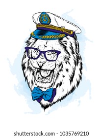 Lion in the captain's cap. Vector illustration.