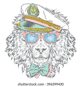 Lion in the captain's cap. Vector illustration.