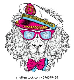 Lion in the captain's cap. Vector illustration.