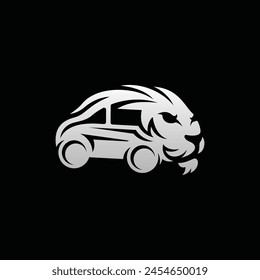 Lion with Car silhouette style modern logo, vector design illustration on black background