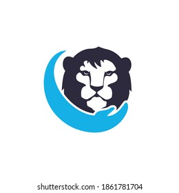 Concepto de diseño del logotipo vectorial de cuidado de leones. Mano humana e ícono de león.	
