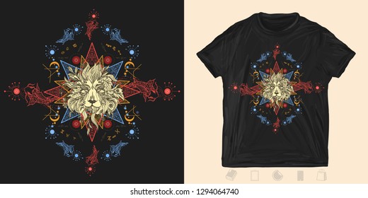 Lion and carps. Print for t-shirts and another, trendy apparel design. Concept of magic, astrology. . Alchemy, religion, spirituality and occultism art  