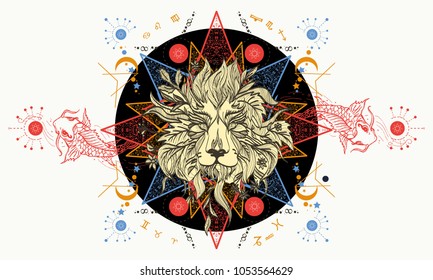 Lion and carps tattoo art, mystical geometric alchemy symbol. Alchemy, religion, spirituality, occultism, tattoo lion art. Concept of magic, science, astrology 