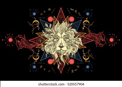 Lion and carps tattoo art, mystical geometric alchemy symbol. Concept of magic, science, astrology. . Alchemy, religion, spirituality, occultism art 