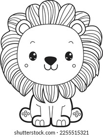 Lion cartoon. Black and white lines. Coloring page for kids. Activity Book. 