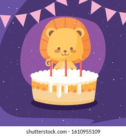 Lion cartoon with cake design, Happy birthday card celebration decoration surprise party anniversay and invitation theme Vector illustration