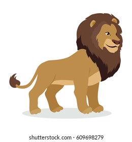 Lion cartoon character. Adult lion male flat vector isolated on white background. African fauna. Lion with mane icon. Wild animal illustration for zoo ad, nature concept, children book illustrating 