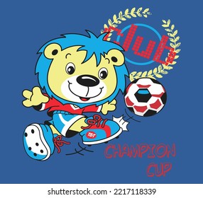 Lion cartoon character, playing soccer and kicking the ball