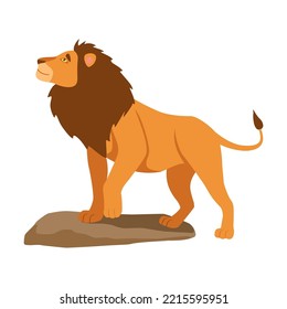 Lion cartoon character vector illustration. Side view. Orange cartoon feline, king of animal with tail isolated on white background. Nature, wildlife, animals concept
