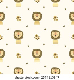 Lion cartoon so cute. On flower leaf background. Pattern seamless vector illustration. 