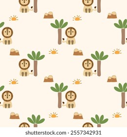 Lion cartoon so cute. On tree mountain sun background. Pattern seamless vector illustration. 