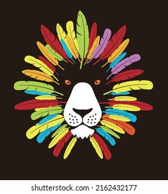 lion cartoon face with feather, flat animal face icon vector