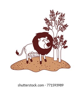 lion cartoon in forest next to the trees in color sections silhouette