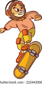 lion cartoon illustration design skateboarding wearing headset