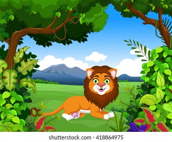 lion cartoon with landscape background