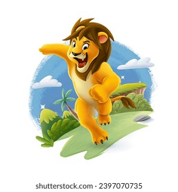 lion cartoon mascot character runs in the jungle