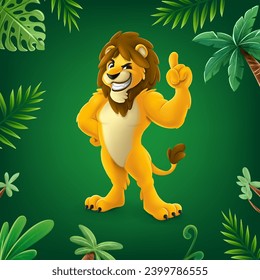 lion cartoon mascot with raised hand finger in forest with palm leaves