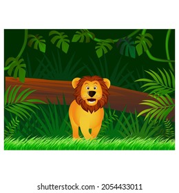 Lion cartoon on forest background