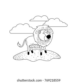 lion cartoon in outdoor scene with clouds in monochrome silhouette