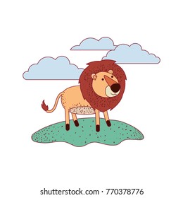 lion cartoon in outdoor scene with clouds on colorful silhouette with thin contour