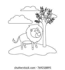 lion cartoon in outdoor scene with trees and clouds in monochrome silhouette