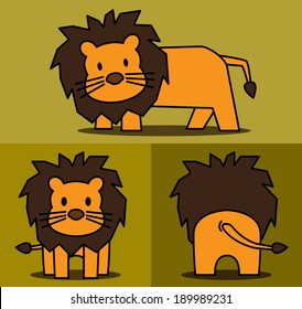 Lion cartoon pattern with side view, front view & back view. vector / illustration