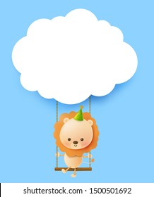 Lion cartoon playing swing and smile with happiness with blank cloud for copy space vector illustration