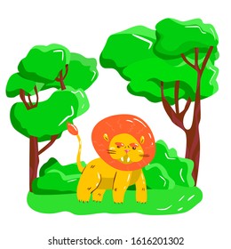 Lion in cartoon style on savanna background. Landscape with green trees.