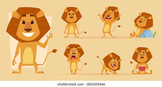 Lion Cartoon. Wild African Animal In Action Poses Safari Lions Characters Vector Isolated