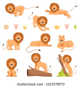 Lion cartoon. Wild running yellow fur animal king hunter safari cute lions pride vector characters collection