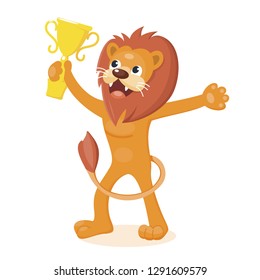Lion character is holding a winner cup in his paw. Smiling cartoon animal. Vector illustration.