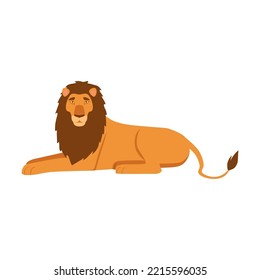 Lion character lying vector illustration. Orange cartoon feline, king of animals with tail. Isolated on white background. Nature, wildlife, animals concept