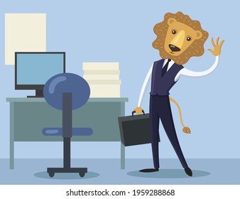 Lion character in office clothes flat vector illustration. Cartoon lion wearing formal suit, holding briefcase and waving its hand, standing in office. Business, wild animal, fantasy concept