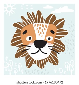 Lion character in Scandinavian minimalist style poster. Baby concept illustration for nursery, print, cover, wallpaper. Vector illustration