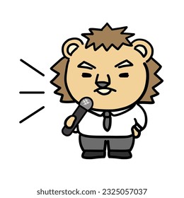 Un personaje de león hablando con un micrófono.