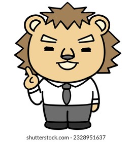 A lion character in a suit giving an explanation.