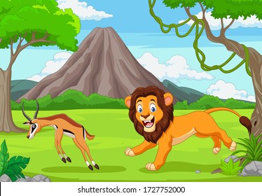 The Lion Is Chasing An Impala In An African Savanna