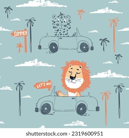 Lion and cheetah car funny cool summer t-shirt seamless pattern. Road trip vacation print design. Beach tropical travel kids apparel, nursery wild jungle exotic wallpaper Hand drawn cartoon animal